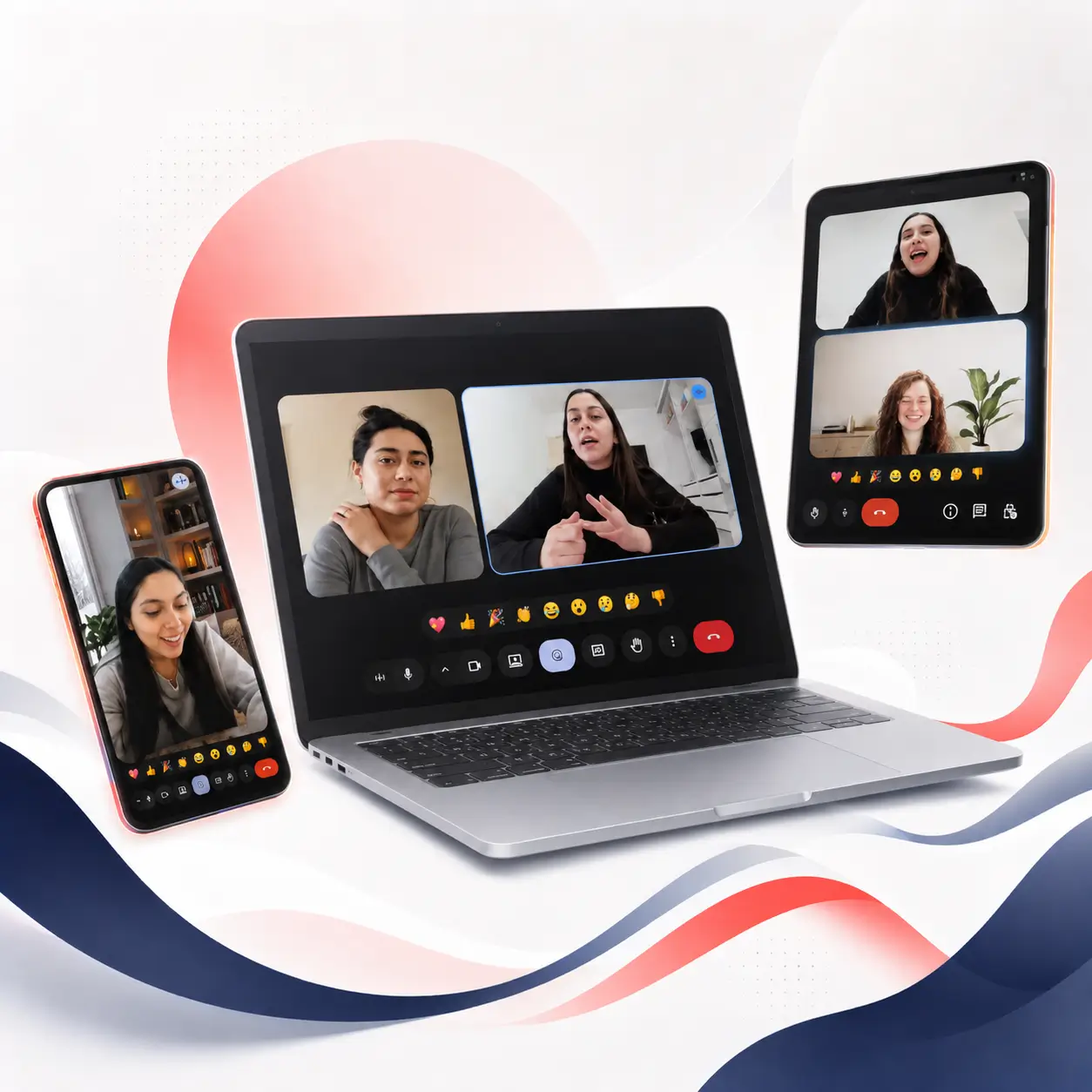 Aula de inglês online ao vivo exibida em notebook, celular e tablet.