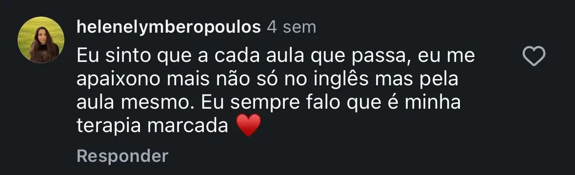 Screenshot de depoimento real sobre o vínculo positivo com o inglês e as aulas.